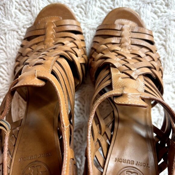Tory Burch Nadia Huarache Sandals Women's 9 M Tan Leather Open Toe Heels‎ Logo - Picture 6 of 11